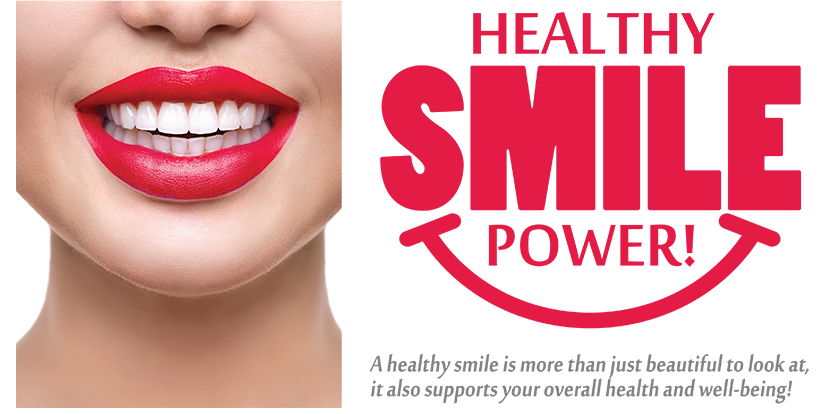 The image features a close-up of a person with red lipstick, promoting a  Healthy Smile Power  message.