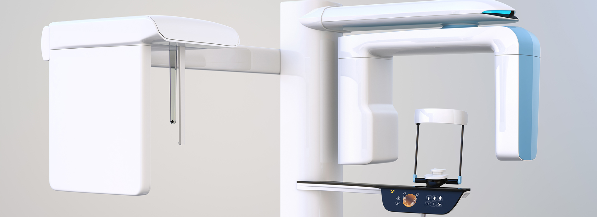 An image depicting a modern dental chair setup with digital display panels and a sleek design.